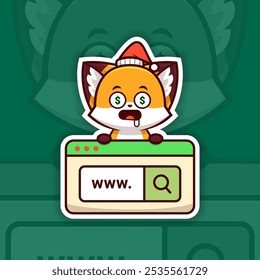 Christmas Fox with Money-Shaped Eyes Holding a Web Search Icon, Sticker Design Vector