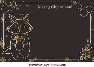 Christmas fox painted with a gold outline on a black background. Christmas illustration congratulation decorated with snowflakes.