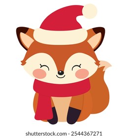 Christmas fox with red hat and scarf in winter. Cute grahic design for Christmas decoration.