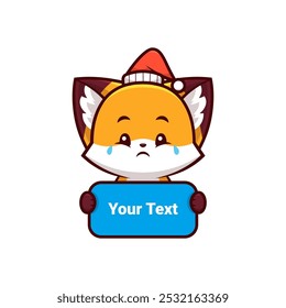 christmas fox with sad expression holding text label