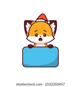 Weihnachtsfuchs mit traurigem Ausdruck, der ein Textlabel hält