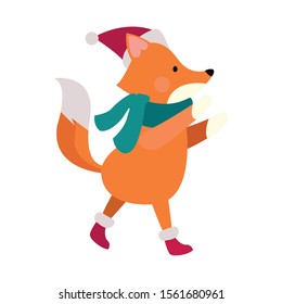 christmas fox with scarf and hat over white background, vector illustration