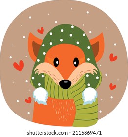 Christmas fox in scarf and hat. Vector image suitable for printing