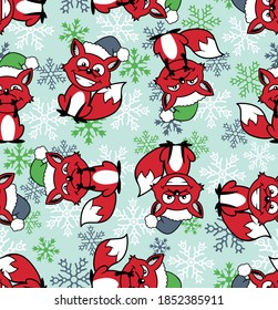 Christmas fox snowflake seamless pattern. Winter snow background with cute foxes and Santa Claus hat. Vector illustration for textile printing, wrapping paper or web.