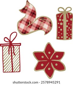 Christmas fox, star, red star, gift box,  box, tartan plaid, gold, pink. Christmas ornaments, Christmas Eve, Christmas toys, festive, decoration. Vector, set, collection. Watercolor