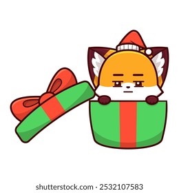 christmas fox with suspicious expression in gift box illustration vector