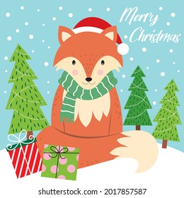 Christmas fox and tree for christmas card, gift bag or box design