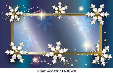 Christmas frame 2017 for Merry Christmas and Happy New Year greeting card with silver snowflakes, fall snow, sparkle and confetti. Light glow effect, glass texture. Christmas ornament. Vector xmas 