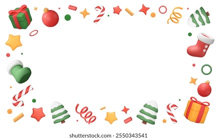 Christmas frame with 3d cartoon elements. Blank New Year banner template. Xmas border with copy space. Promotional background, greeting card, invitation poster. Vector illustration.