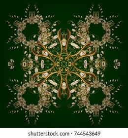 Christmas frame with abstract golden snowflakes and dots on green background. Vector illustration. Snowflake frame.