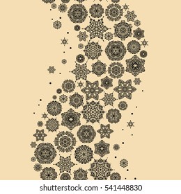 Christmas frame with abstract snowflakes and dots on beige background. Vector illustration. Snowflake frame.