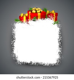 Christmas frame background with fir branches and realistic red gift boxes. Vector illustration. 