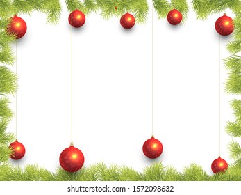 Christmas Frame Background with Fir Tree Branch Border and Balls