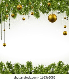 Christmas frame background with fir twigs and golden balls. Vector illustration. 