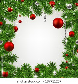 Christmas frame background with fir twigs and red balls. Vector illustration. 