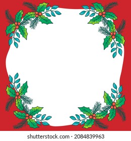 Christmas frame background with holly berry. Hand drawing illustration.