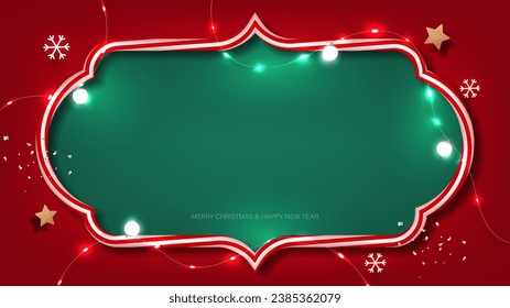 Christmas frame background with lights decorative, festive elements. Copy space. Vector illustration.