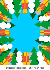 Christmas Frame background. Christmas tree and snow and gifts Frame for new year. Backdrop for wrapping paper for holiday