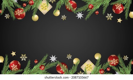 Christmas Frame with ball and pine tree in Christmas holidays on black background , Flat Modern design , illustration Vector EPS 10
