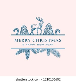 Christmas Frame Banner with Vintage Typography and Hand Drawn Holiday Illustrations. Merry Christmas Greeting Card or Label. Cookie, Candy Cane and Reindeer with Strobile Branch. Isolated.