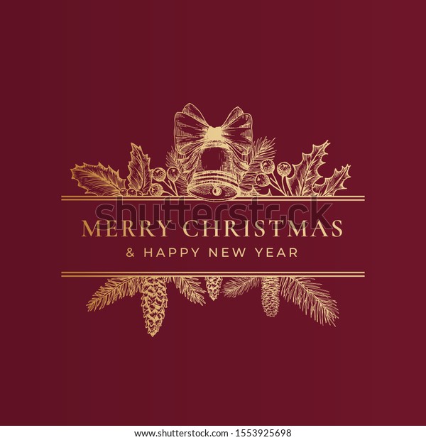 ビンテージタイポグラフィーと手描きのホリデーイラストとクリスマスフレームバナー メリークリスマスグリーティングカードまたはラベル リボンと松の小枝を持つ柊の葉を持つ鐘 赤い背景に金色 のベクター画像素材 ロイヤリティフリー