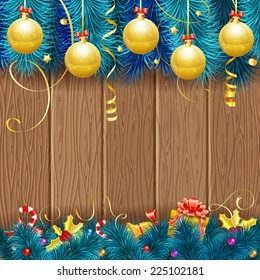 Christmas Frame with Baubles, Fir Branches, Gold Streamer, Candy, Gift and Confetti on Wooden Background, vector template.