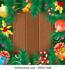 Christmas Frame with Baubles, Fir Branches, Bell, Gifts and Mistletoe on Wooden Boards. Vector background.