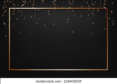 Christmas frame. Christmas black background with golden ribbons. New Year banner. Vector illustration.