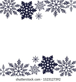 Christmas frame of black snowflakes on a white background. Snowflakes above and below, christmas design