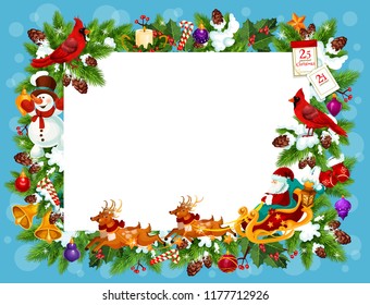 Christmas frame with blank space for New Year holiday greeting card. Blank paper edged with Xmas tree and Santa Claus in harness, deers in scarves and bird, snowman and jingle bells border vector