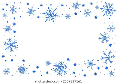 A Christmas frame of blue snowflakes on a white background creates a festive, wintry vibe. This elegant design is ideal for holiday cards or seasonal decor.