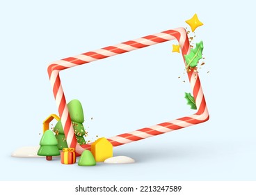 Christmas frame border of candy cane. Holiday red photo frame, realistic 3d Christmas tree design, gift box, gold confetti. Xmas banner, web poster. Greeting card happy new year. vector illustration