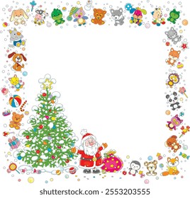 Christmas frame border with happy Santa Claus waving in greeting near a decorated green fir surrounded by funny colorful toys, sweets and flying snowflakes, vector cartoon illustration