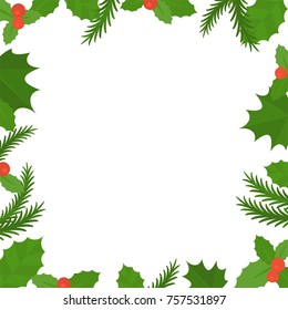 Christmas frame border, mistletoe and spruce in flat design