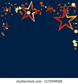 Christmas frame or border with random falling gold and red stars on a deep blue background