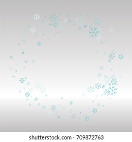 Christmas frame or border with random scatter falling blue snowflakes on a silvery background.