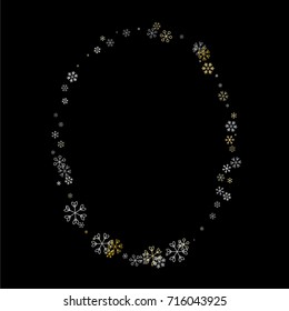 Christmas frame or border with random scatter falling silver and gold snowflakes isolated on black.