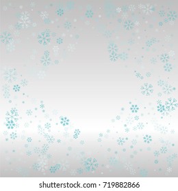 Christmas frame or border with random scatter falling blue snowflakes on a silvery background.