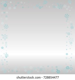 Christmas frame or border with random scatter falling blue snowflakes on a silvery background.