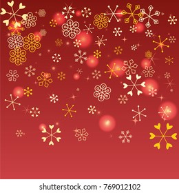 Christmas frame or border with random scatter falling golden snowflakes isolated on a red gradient background