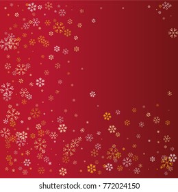 Christmas frame or border with random scatter falling golden snowflakes isolated on a red gradient background