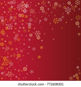 Christmas frame or border with random scatter falling golden snowflakes isolated on a red gradient background