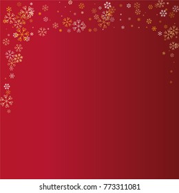 Christmas frame or border with random scatter falling golden snowflakes isolated on a red gradient background