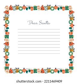 Christmas frame. Christmas border. Ribbon from Christmas elements. Letter to Santa Claus. Vector image.