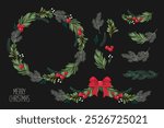 Christmas frame, borders and another plant elements for decorations.