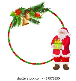 Christmas frame with the branches of the Christmas tree and Santa Claus with gift.