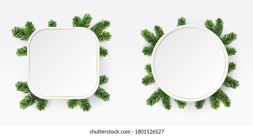 Christmas frame of the branches white blank banners. Copy space square and circle. Neumorphic White geometric shapes in a trendy soft 3D style with shadow.