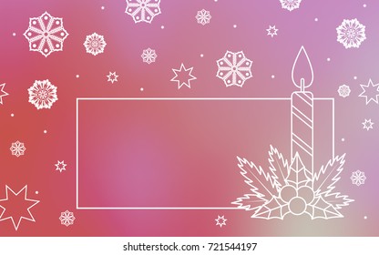 Christmas frame with candle, Holly and snowflakes on a red background. Horizontal. Vector