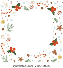 Christmas frame with candy cane, floral leaves, berries, snowflakes, stars, fir branches elements on white background. Vector winter holiday template.