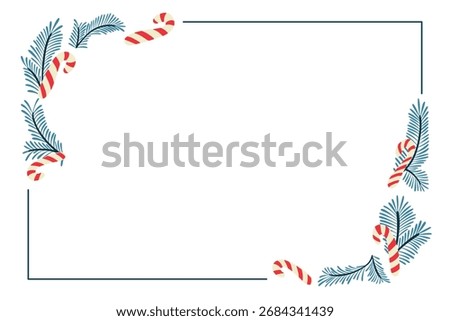 Christmas frame with candy canes and pine branches arranged in the corners on white background. Concept of holiday greeting card, festive decoration and winter celebration